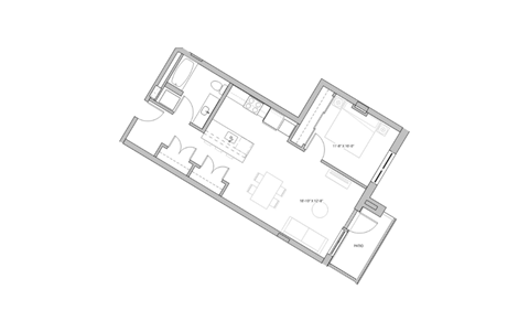 Floor plan for 1 bed, 1 bath, 670 sqft